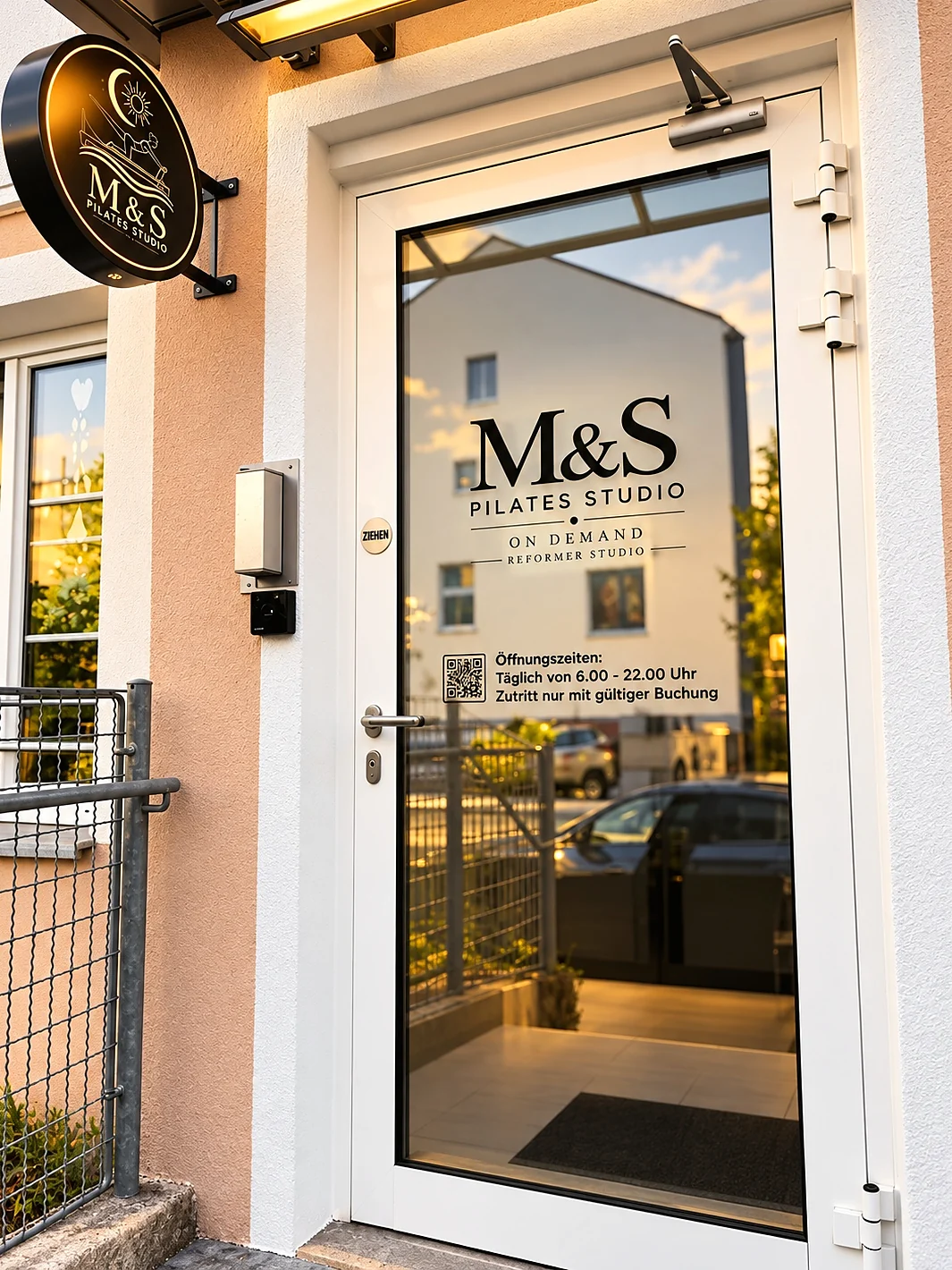 Eingangstür des M&S Pilates Studios am Abend, beleuchtetes Logo-Schild und Öffnungszeiten auf der Glasscheibe.